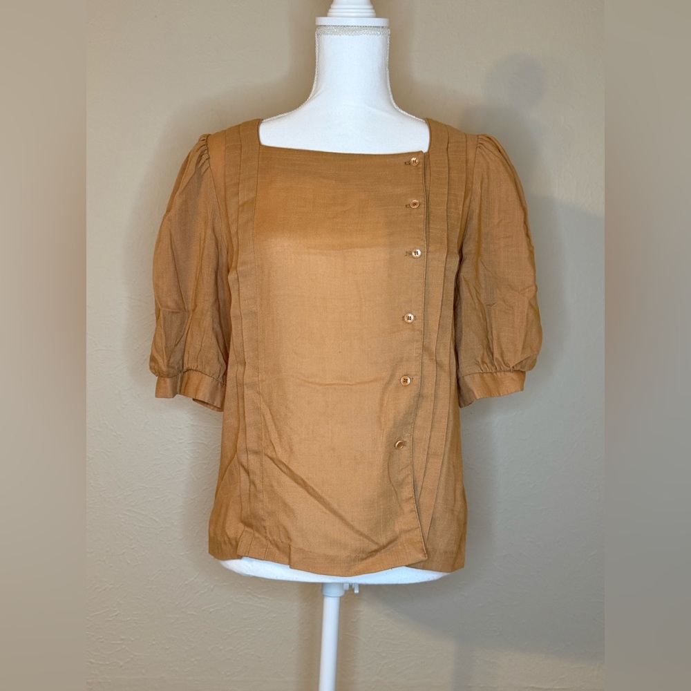 Vintage W.C.C Puff Sleeve and Offset Buttons Tan Blouse